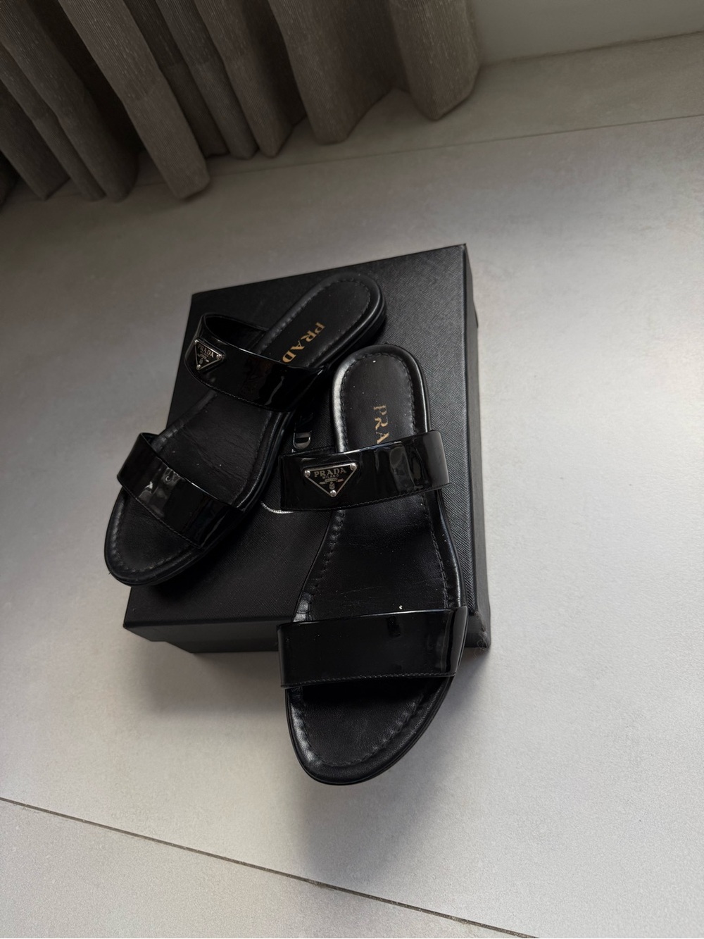 Prada Black Patent Leather Double-Strap Slide Sandals - Picture 2 of 8